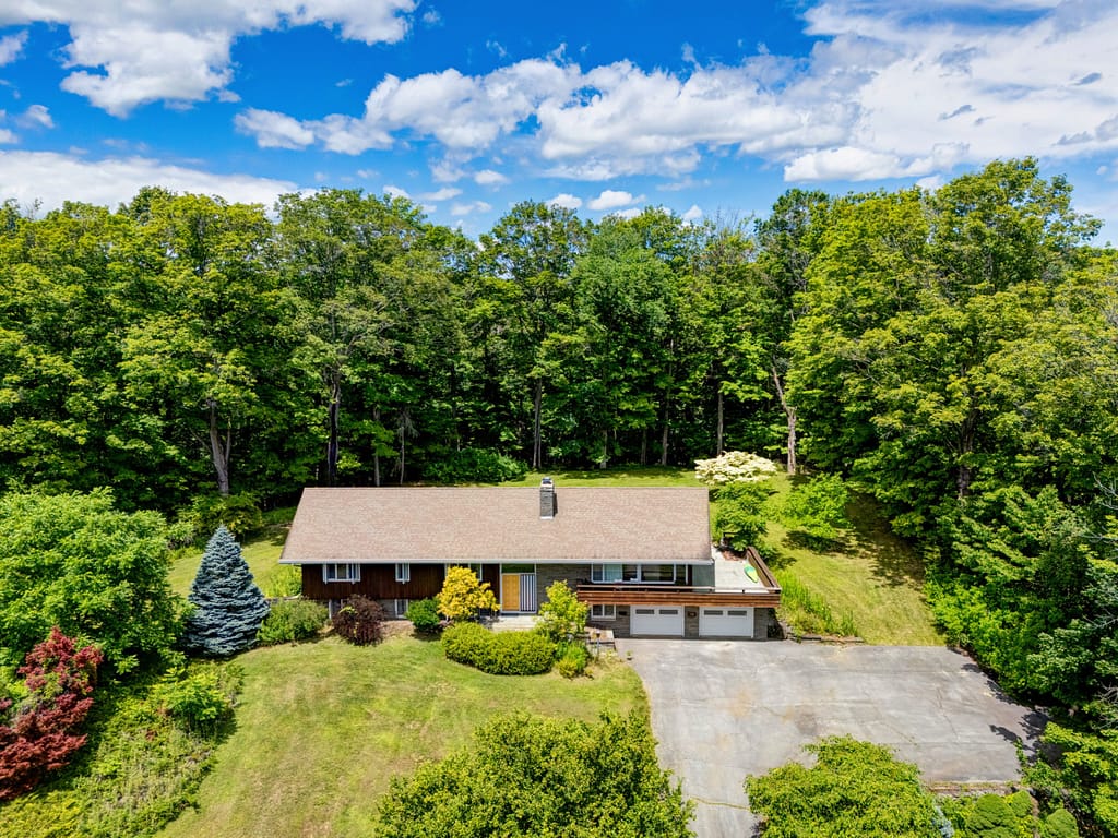Oneonta_Mid_Century_Home Aerial Real Estate Photograph of Front Elevation of Property in Oneonta NY Shot by New York Real Estate Photography