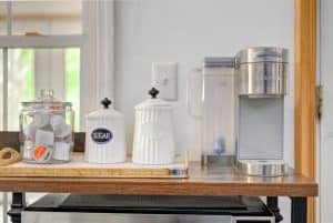 Close up of coffee station in an Airbnb.