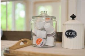 Very closeup shot, showing off the K-cups in an Airbnb coffee station.